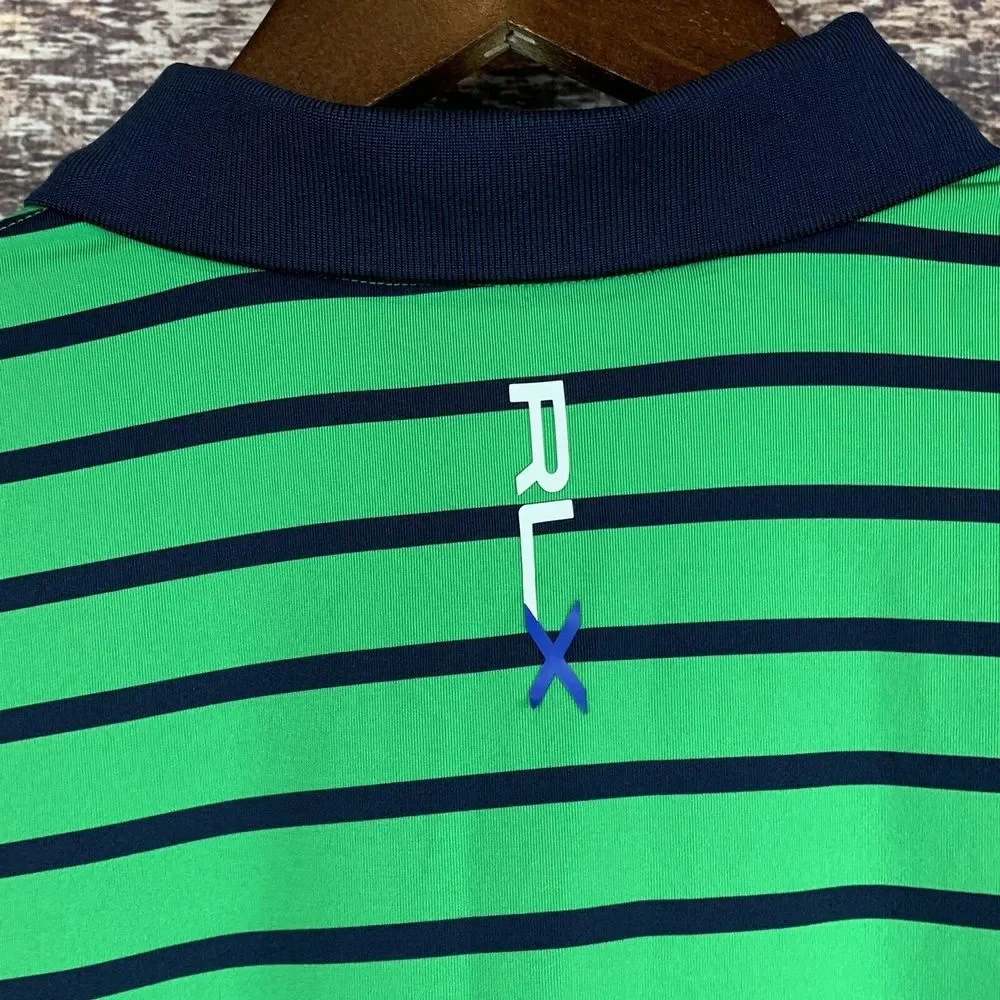 Ralph Lauren RLX Mens Golf Polo Shirt Green‎ Blue Striped Button Collar Large